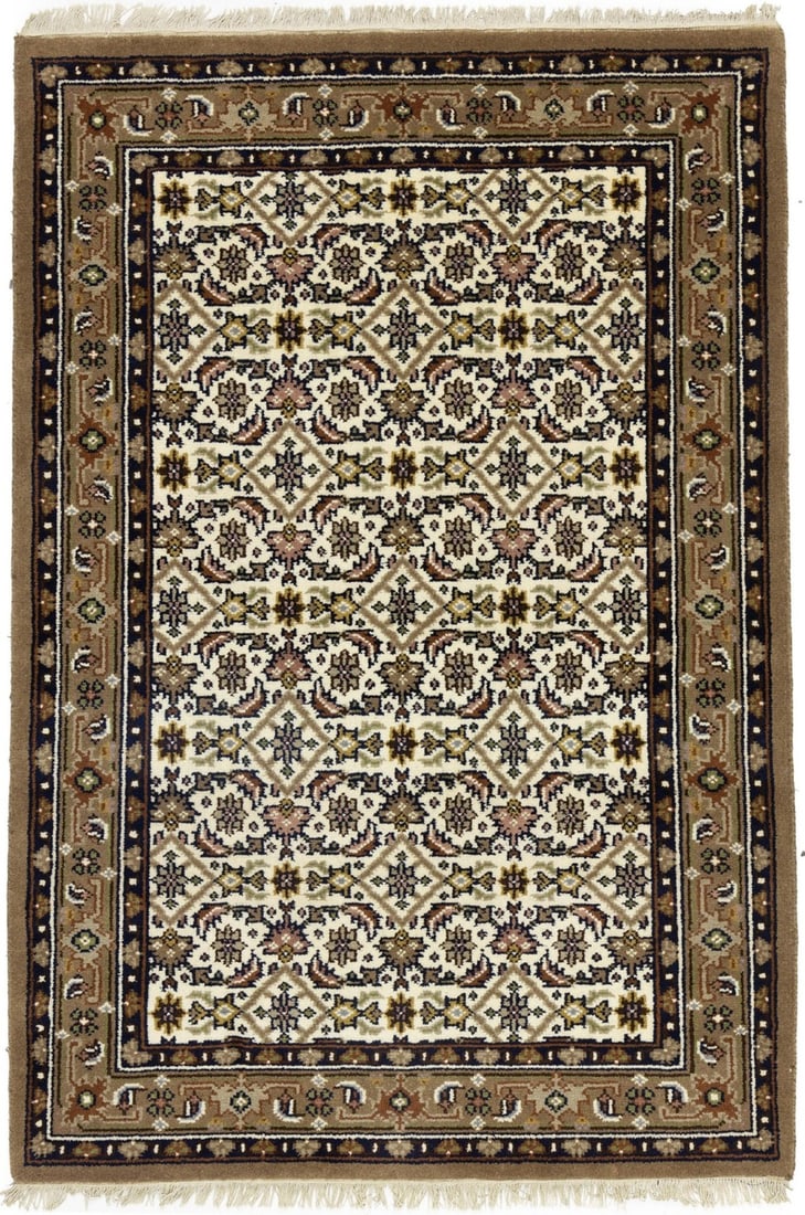 Indo-Bidjar Wool Area Rug 4x6 Hand-Knotted Tribal Floral Cream Modern Carpet: Indo-Bidjar Wool Area Rug 4x6 Hand-Knotted Tribal Floral Cream Modern Carpet This hand-knotted Indo-Bidjar Oriental rug showcases a cream background with floral and tribal patterns in brown, gold, car