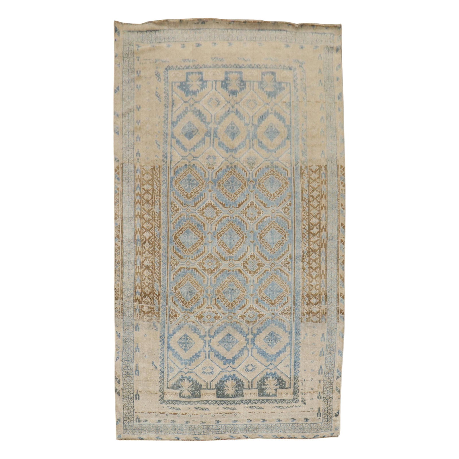 Tribal Persian Balouch Rug Hand-Knotted Wool 1930s Industrial Style: Tribal Persian Balouch Rug Hand-Knotted Wool 1930s Industrial Style This stunning Tribal Persian Balouch Rug features a captivating blend of blue, brown, and sand tones, showcasing the traditional cra
