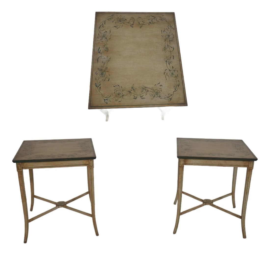 Set of Two Venetian Style Crackle Finish Square Accent Tables: Set of Two Venetian Style Crackle Finish Square Accent Tables This pair of Venetian accent tables features a square design with a crackle-painted, factory-distressed finish and a hand-painted floral m