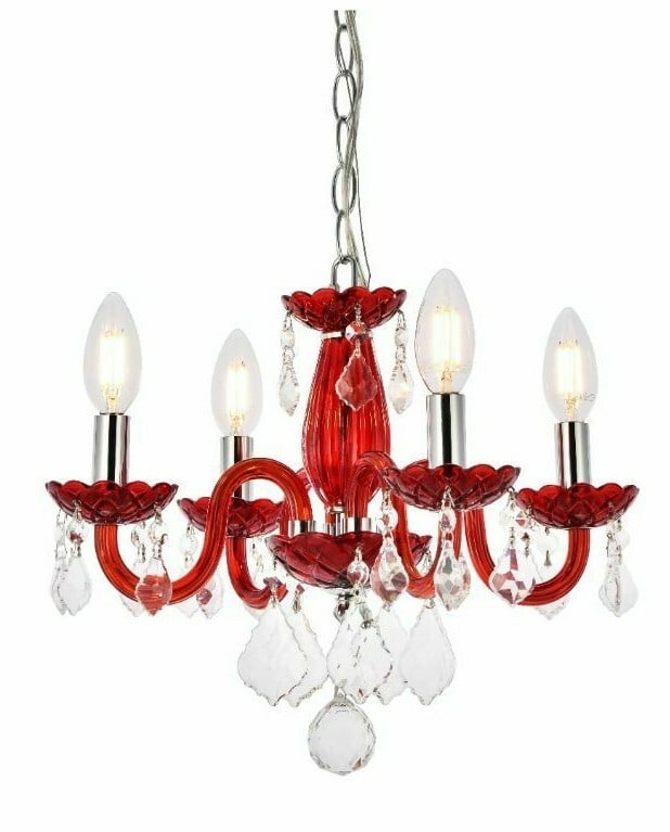 Rococo 4 Light Red Crystal Chandelier 15 Inch Venetian Style: Rococo 4 Light Red Crystal Chandelier 15 Inch Venetian Style This red crystal pendant chandelier features a modern Venetian-inspired design, ideal for spaces such as the dining room, living room, bedr