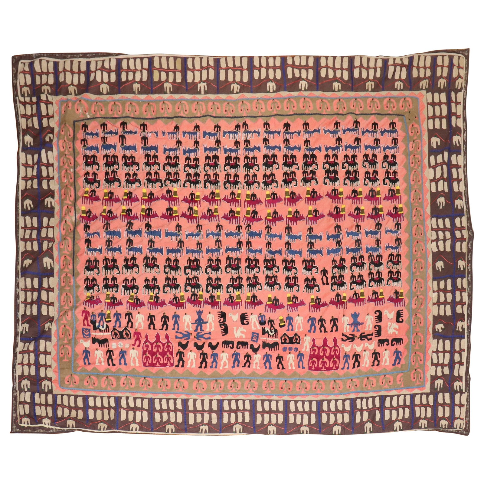 Mid-20th Century Hand-Embroidered Suzani Textile Uzbek Animal Motif 82 x 103: Mid-20th Century Hand-Embroidered Suzani Textile Uzbek Animal Motif 82 x 103 This stunning mid-20th century hand-embroidered Suzani textile showcases a captivating wild animal human pictorial motif ag