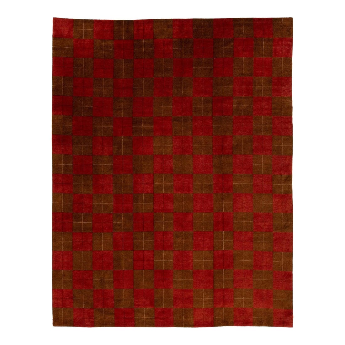 Contemporary Tibetan Wool Silk Rug Red Brown Check Pattern 9'11 x 12'11: Contemporary Tibetan Wool Silk Rug Red Brown Check Pattern 9'11 x 12'11 This stunning contemporary Tibetan rug showcases a vibrant check design, crafted from a blend of Tibetan wool and silk. The rich
