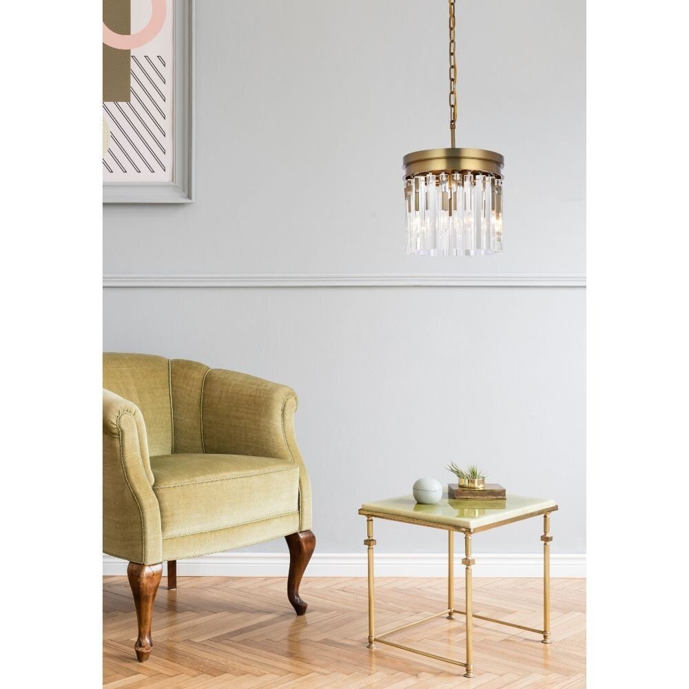 Sydney 12 in Crystal Pendant 3 Light Satin Gold: Sydney 12 in Crystal Pendant 3 Light Satin Gold Modern crystal chandelier pendant with a satin gold finish, designed for indoor use. It features 3 lights, clear royal cut crystals, and a frame made of