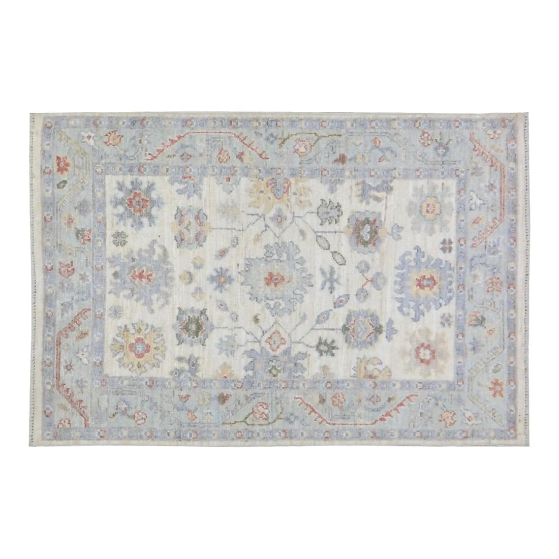 Handcrafted Wool Oushak Area Rug in Verdigris 5'x7'1": Handcrafted Wool Oushak Area Rug in Verdigris 5'x7'1" This Turkish Oushak rug is hand-knotted from wool using traditional techniques, offering a blend of classic artistry and modern design. Its soft t