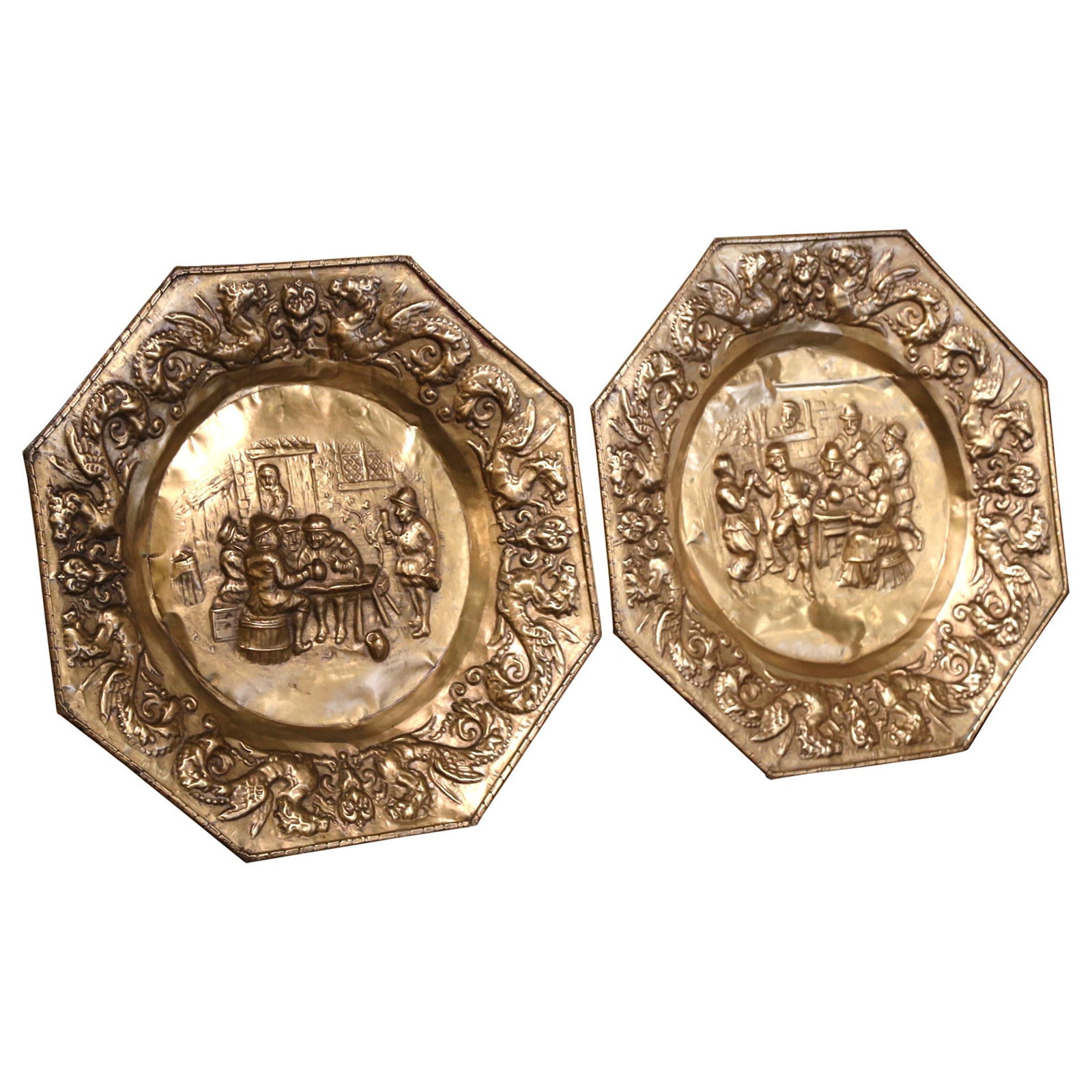 19th Century French Baroque Copper Wall Chargers Set of 2: 19th Century French Baroque Copper Wall Chargers Set of 2 This exquisite pair of 19th-century French octagonal repousse copper decorative wall chargers adds a touch of elegance to any space. Crafted i