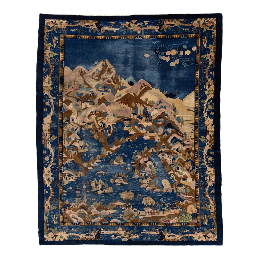 Antique Handmade Chinese Peking Wool Rug 9'3 x 11'7 Blue Traditional Design: Antique Handmade Chinese Peking Wool Rug 9'3 x 11'7 Blue Traditional Design Discover the beauty of this antique handmade Chinese Peking wool rug, crafted in the early 1900s. This exquisite Art Deco pi