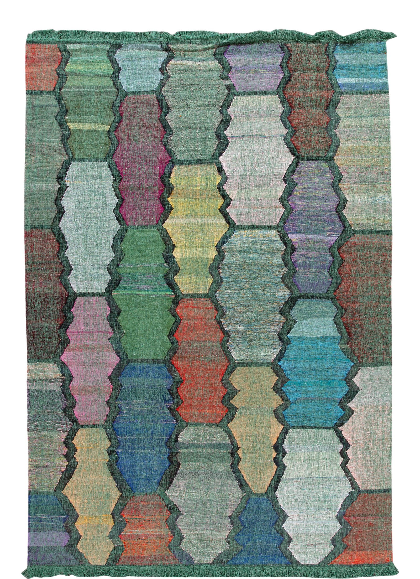 Modern Kilim Green Wool Rug 8' x 12'1" Geometric Design: Modern Kilim Green Wool Rug 8' x 12'1" Geometric Design Enhance your space with this stunning Modern Kilim Flatweave Wool Rug. Featuring a vibrant green field, this rug showcases a captivating geometr
