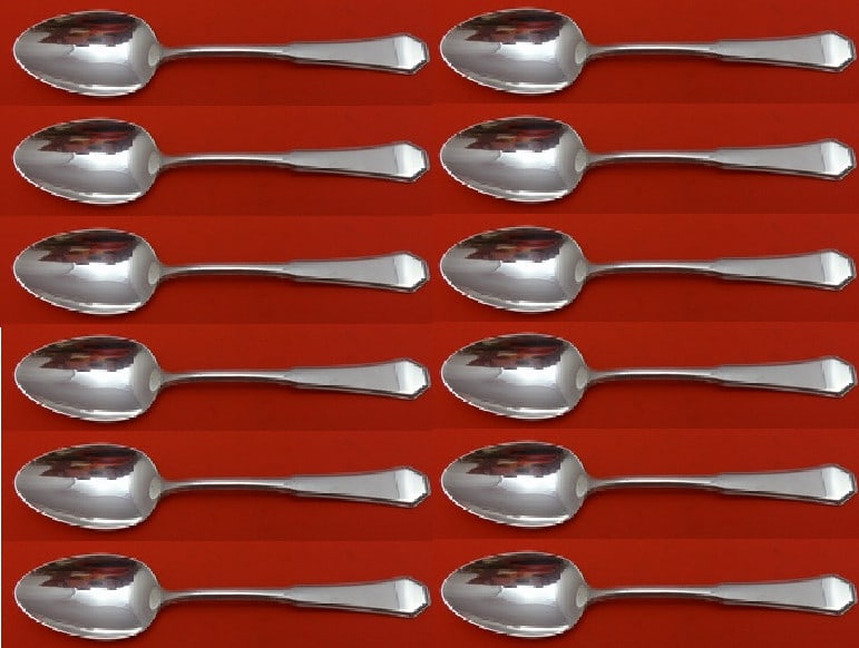 Reed and Barton American Federal Sterling Silver Teaspoon Set of 12 pcs: Reed and Barton American Federal Sterling Silver Teaspoon Set of 12 pcs Enhance your dining experience with this exquisite set of 12 American Federal sterling silver teaspoons by Reed & Barton. Each t