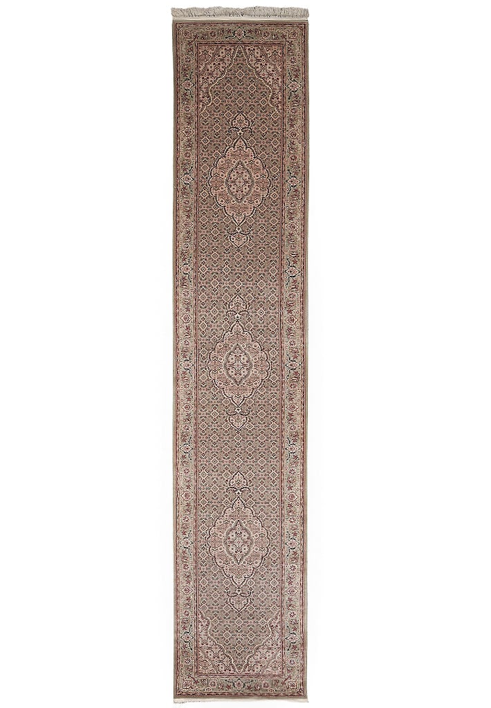 2.7 x 13.8 Light Green Handmade Wool Silk Mahi Tabriz Runner: 2.7 x 13.8 Light Green Handmade Wool Silk Mahi Tabriz Runner Free continental US Shipping This handmade Mahi Tabriz runner features a light green field with ivory, muted gold, and subtle accent tones.