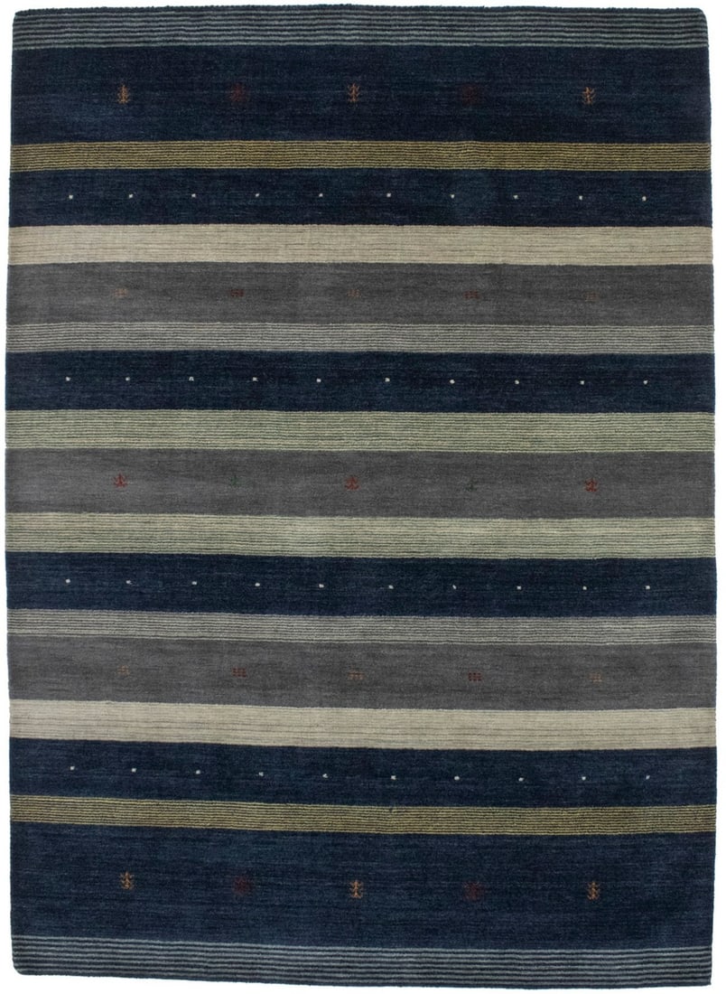 Hand-Loomed Wool Indo-Gabbeh Area Rug Multicolored Modern Stripes 5'8 x 7'11: Hand-Loomed Wool Indo-Gabbeh Area Rug Multicolored Modern Stripes 5'8 x 7'11 This modern Indo-Gabbeh area rug features a multicolored striped pattern with shades of gray, navy, cream, green, rust, gol