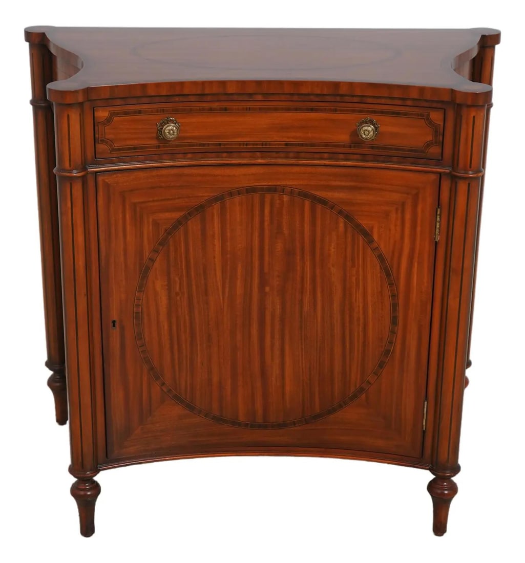 Maitland Smith Adams Style Satinwood Console Cabinet with Curved Sides: Maitland Smith Adams Style Satinwood Console Cabinet with Curved Sides This elegant Adams style satinwood console cabinet features beautifully curved sides and intricate inlay work, showcasing its cla