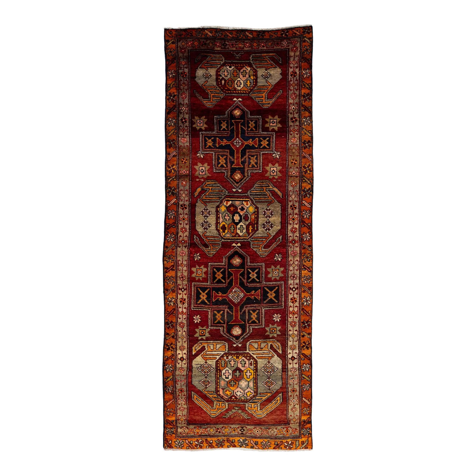 1960s Handmade Persian Heriz Wool Rug Red Tribal Design 3'7 x 10': 1960s Handmade Persian Heriz Wool Rug Red Tribal Design 3'7 x 10' This stunning 1960s Persian hand-knotted Heriz wool runner features a vibrant red field adorned with intricate tribal motifs in gray a