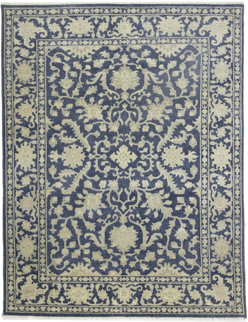 Hand-Knotted Wool Area Rug 7'9 x 10' Slate Blue Transitional Floral: Hand-Knotted Wool Area Rug 7'9 x 10' Slate Blue Transitional Floral This hand-knotted area rug features a transitional modern design with a muted slate blue, cream, and beige color palette. Crafted fr