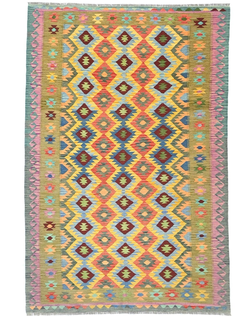 Handwoven Wool Kilim Area Rug 6'6 x 9'11 Geometric Modern Design: Handwoven Wool Kilim Area Rug 6'6 x 9'11 Geometric Modern Design This 7x10 reversible flat-weave kilim rug features a vibrant multicolored geometric pattern, hand-woven from wool in India. It offers a
