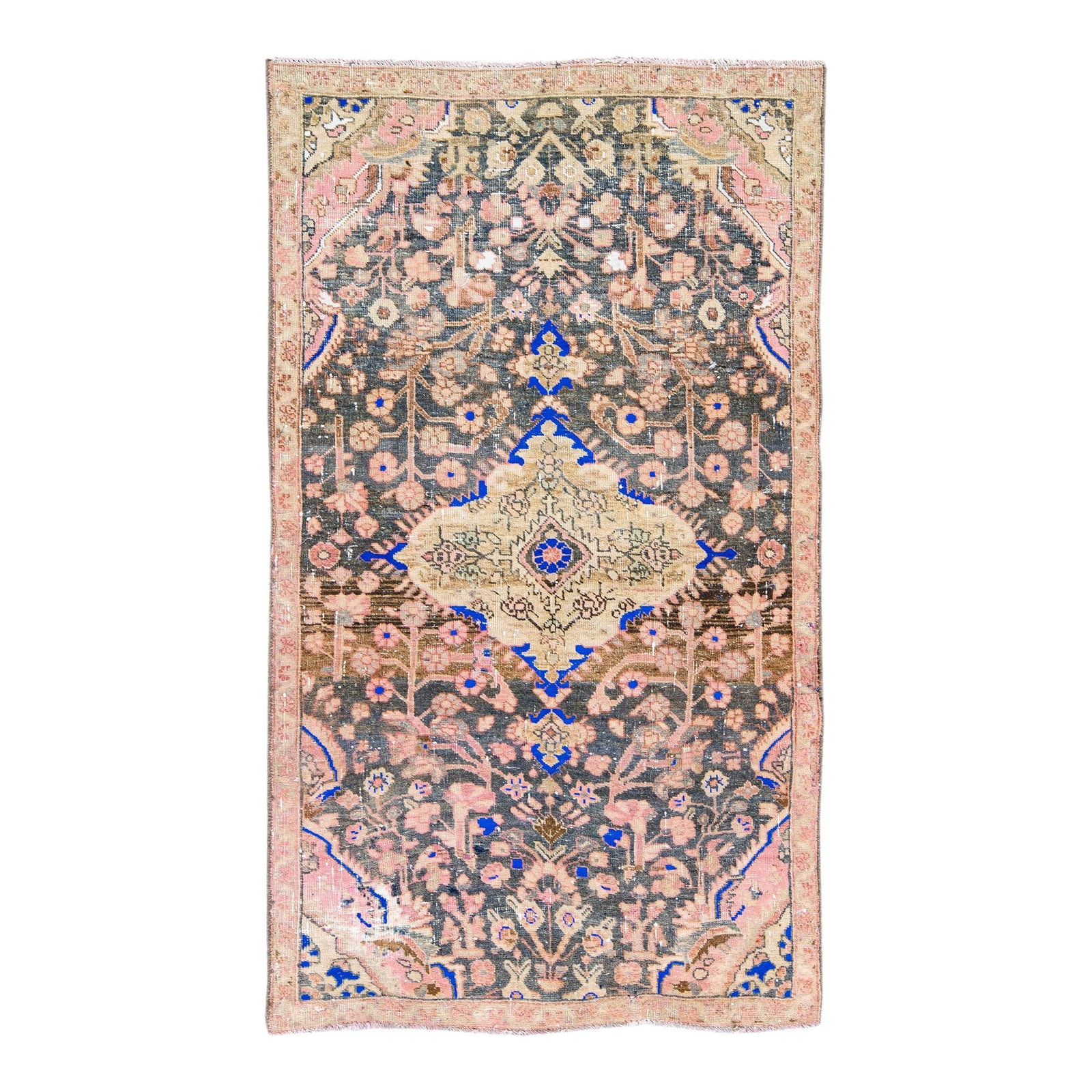 1960s Handmade Persian Medallion Wool Rug Blue 3'3 x 5'9: 1960s Handmade Persian Medallion Wool Rug Blue 3'3 x 5'9 This stunning vintage Persian rug showcases a beautifully distressed hand-knotted design crafted from high-quality wool. The captivating blue c