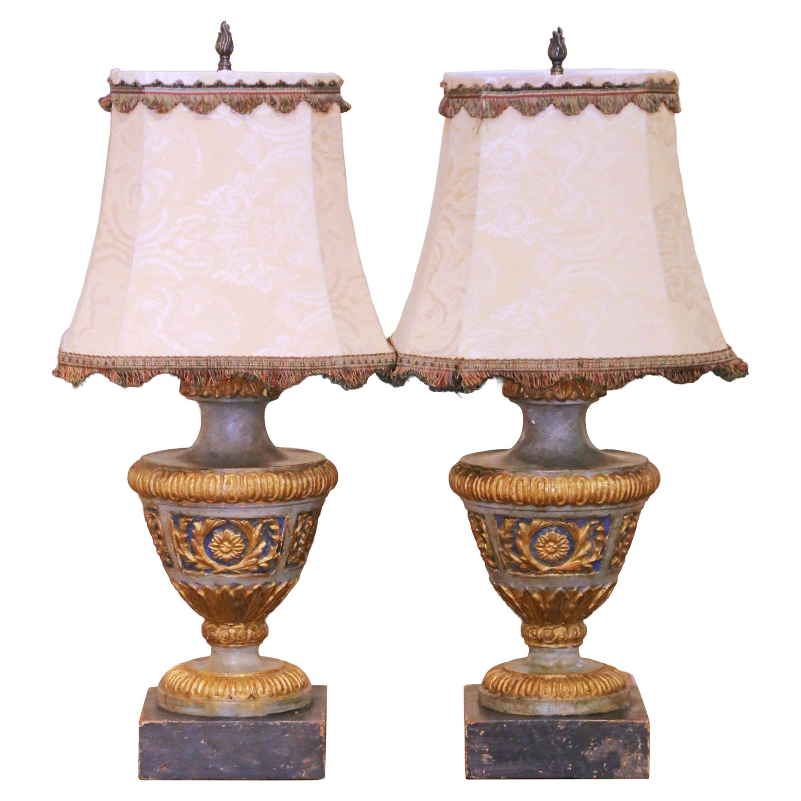 Set of 2 Italian Renaissance Urn Form Table Lamps: Set of 2 Italian Renaissance Urn Form Table Lamps This pair of mid-century Italian table lamps features hand-carved and hand-painted wood in a classical urn form, crafted circa 1960. The lamps display