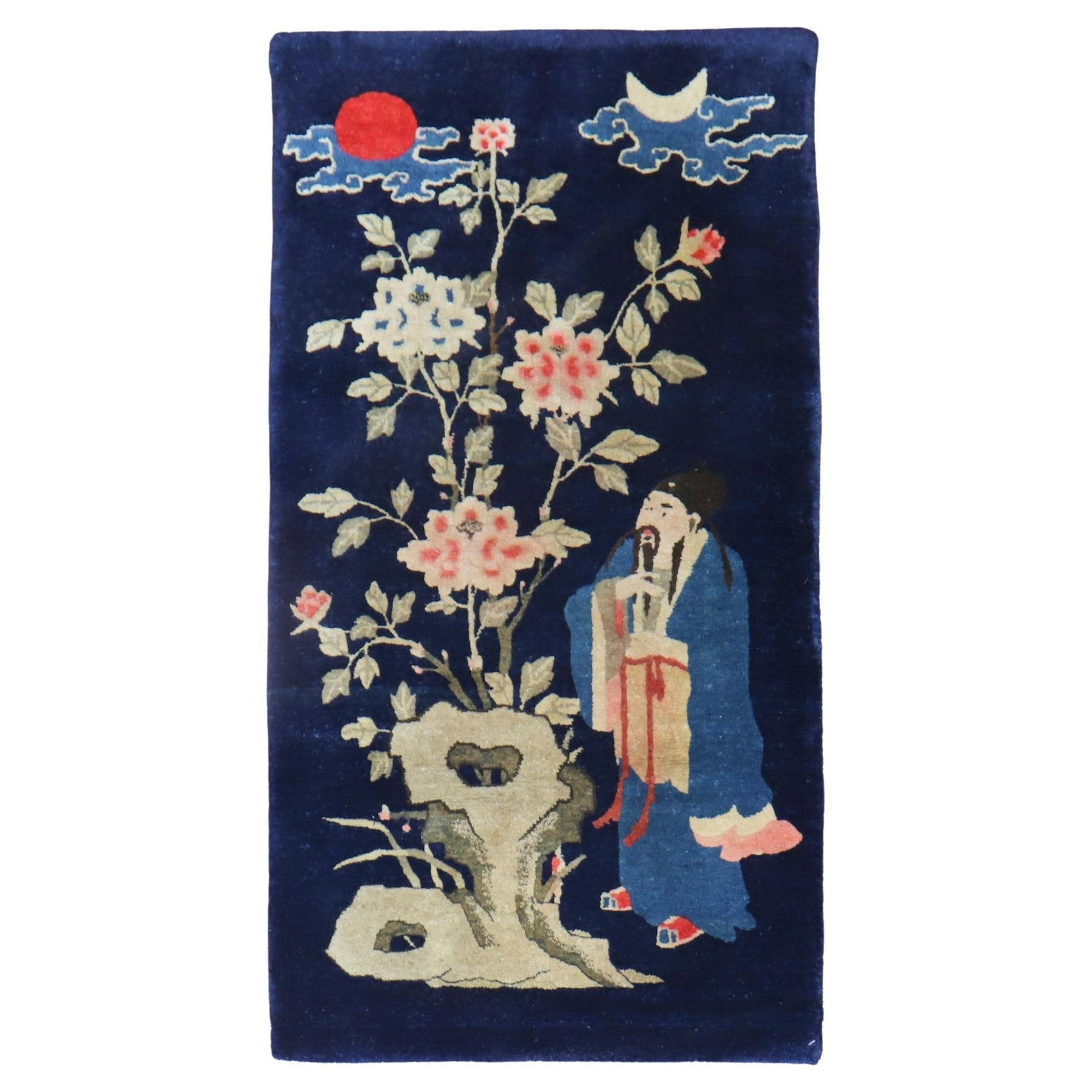 Antique 1920s Chinese Buddhist Folk Art Rug Hand-Woven Wool 27x51: Antique 1920s Chinese Buddhist Folk Art Rug Hand-Woven Wool 27x51 This exquisite Antique Chinese Buddhist Rug showcases a beautiful folk art style, meticulously hand-woven from high-quality wool. Manu