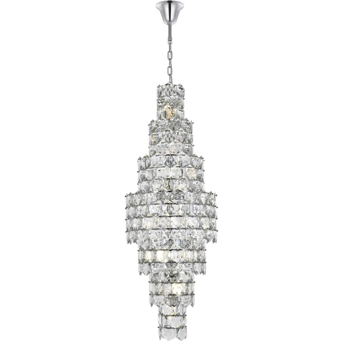 26-Light Chrome Crystal Foyer Chandelier Adaline 67 Inch: 26-Light Chrome Crystal Foyer Chandelier Adaline 67 Inch This large modern chandelier features a high-quality chrome finish and royal cut clear crystal accents, designed to make a statement in entrywa