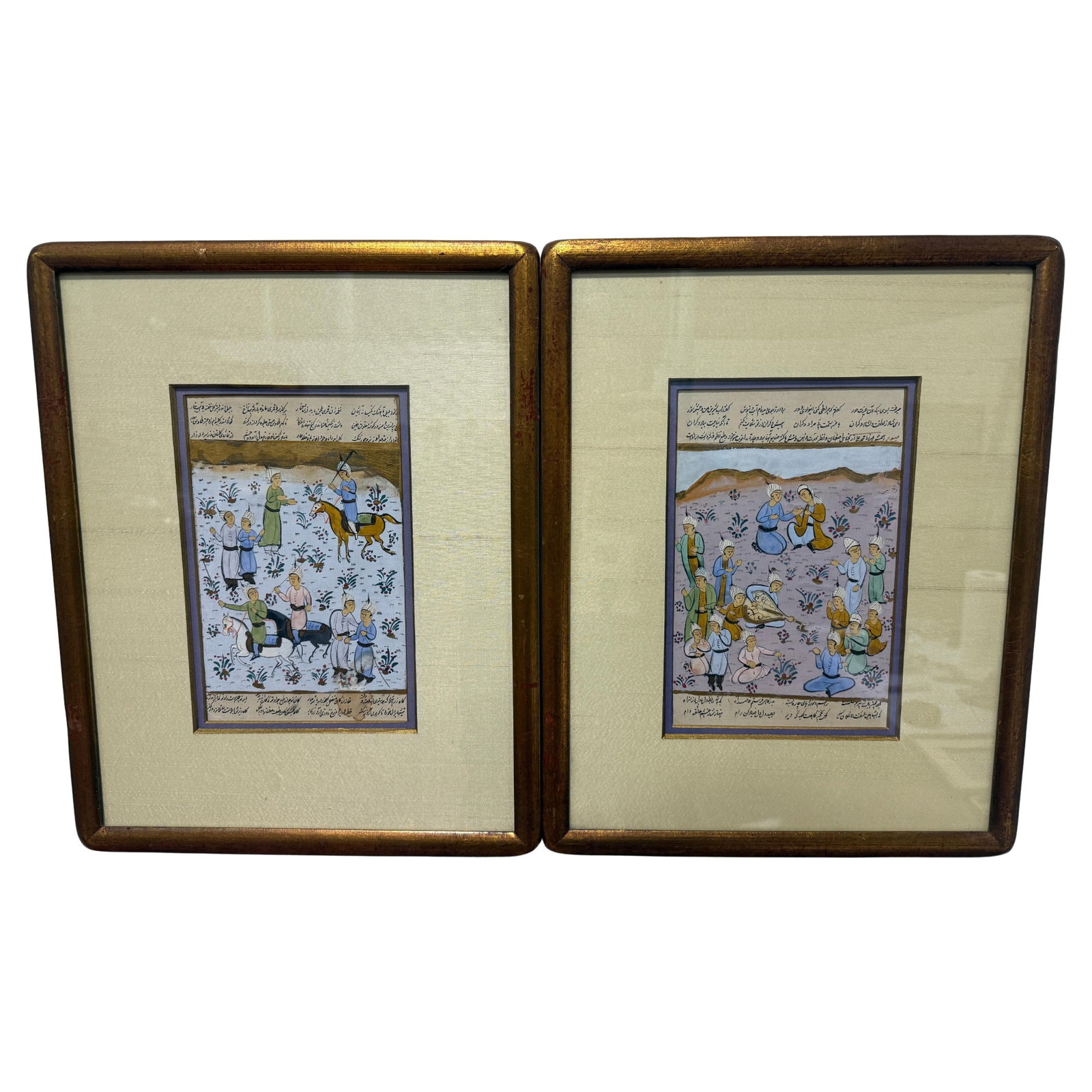 Set of 2 Framed Persian Style Miniature Paintings with Court and Horsemen Scenes: Set of 2 Framed Persian Style Miniature Paintings with Court and Horsemen Scenes This set includes two Persian miniature-style paintings, each created with opaque watercolor and ink on paper and prese