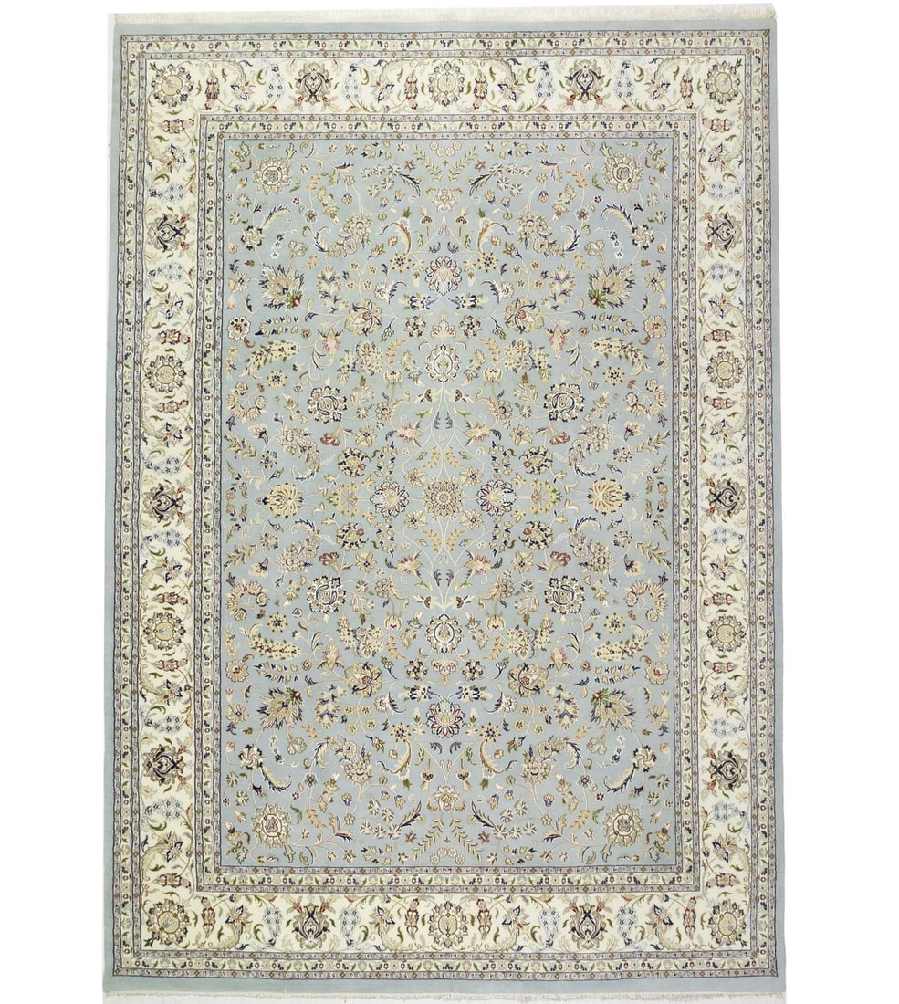 Handmade 10x14 Floral Design Wool Silk Oriental Rug: Handmade 10x14 Floral Design Wool Silk Oriental Rug This exquisite handmade oriental rug features a stunning allover floral design, perfectly suited for enhancing the ambiance of any dining room, livi