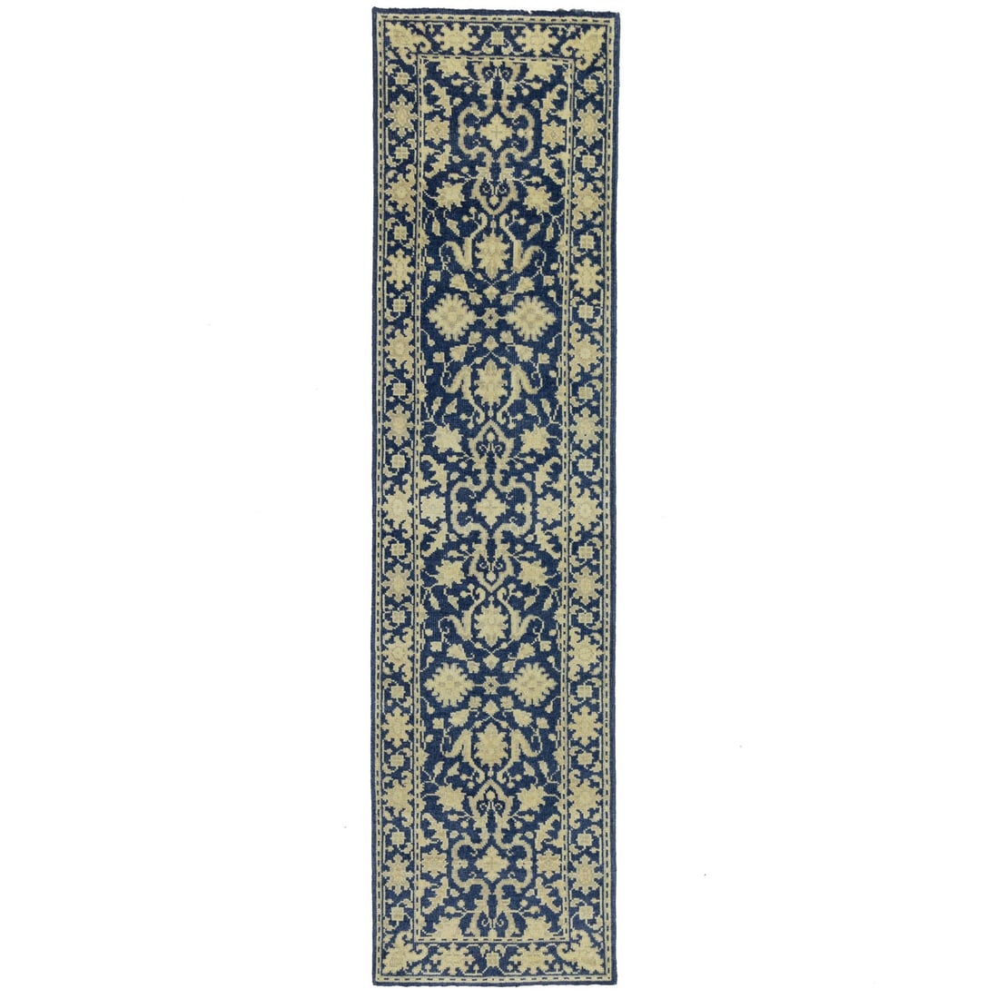 Hand Knotted Wool Floral Runner 2'6 x 9'11 Muted Blue: Hand Knotted Wool Floral Runner 2'6 x 9'11 Muted Blue Enhance your home with this exquisite Muted Blue Floral Oriental Runner Rug, meticulously handmade to add a touch of elegance to any space. Measur
