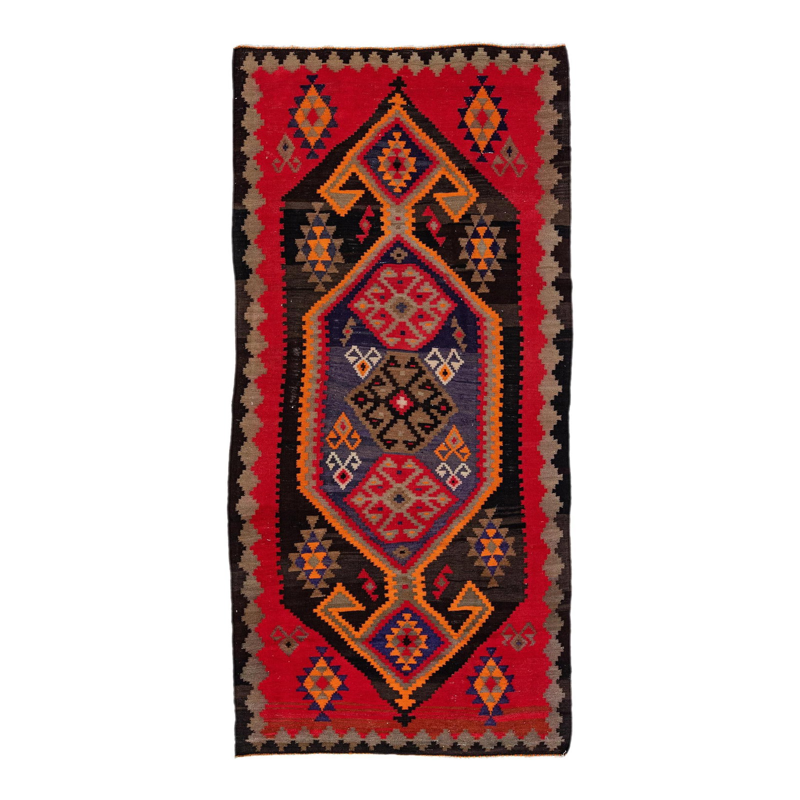 Vintage Turkish Kilim Multicolor Wool Rug 4'8 x 9'7 Handmade Tribal Design: Vintage Turkish Kilim Multicolor Wool Rug 4'8 x 9'7 Handmade Tribal Design This stunning vintage Turkish Kilim rug showcases exquisite hand-knotting in luxurious wool, featuring a tan field highlighte