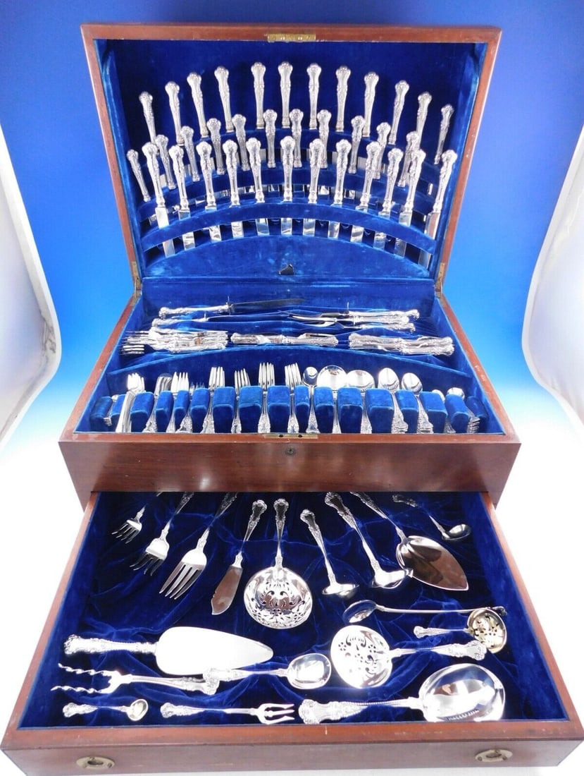Gorham Cambridge Sterling Silver Flatware Set 219 pc Service for 12 Vintage Chest: Gorham Cambridge Sterling Silver Flatware Set 219 pc Service for 12 Vintage Chest Discover the exquisite Cambridge pattern flatware set by Gorham, crafted from high-quality sterling silver. This monum