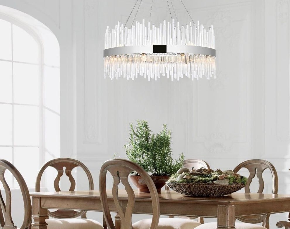 Dallas 20 Light Crystal Chrome Chandelier 36 in: Dallas 20 Light Crystal Chrome Chandelier 36 in Modern 20-light crystal chandelier with a chrome plated finish and clear Royal Cut crystals. It is hardwired, height-adjustable, and designed for indoor