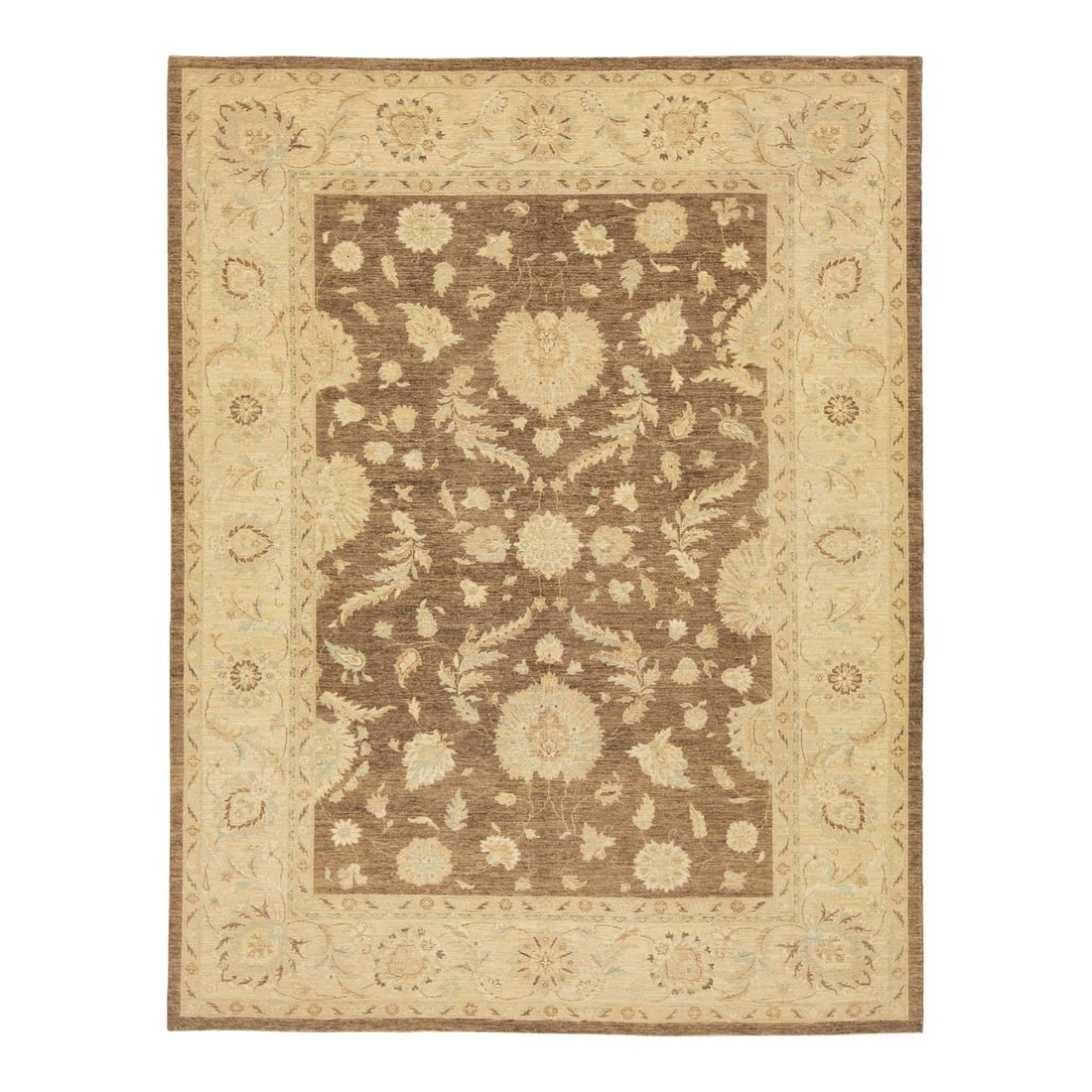 Hand Knotted Wool Peshawar Rug 9'1 x 11'9 Brown Beige Floral: Hand Knotted Wool Peshawar Rug 9'1 x 11'9 Brown Beige Floral This hand-knotted Peshawar rug is crafted from wool and features a refined floral design in warm brown and beige tones. The soft color pale