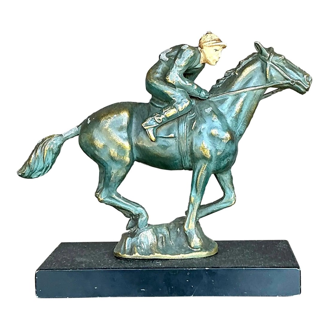 Vintage Boho Brass Sculpture Horse and Jockey 9" Long: Vintage Boho Brass Sculpture Horse and Jockey 9" Long Capture the spirit of speed and grace with this vintage Boho brass sculpture featuring a jockey mid-race atop a galloping horse. This patinated br