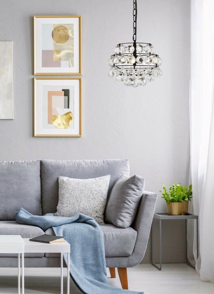 Black Crystal 3-Light Savannah Pendant Chandelier: Black Crystal 3-Light Savannah Pendant Chandelier This modern black crystal chandelier features a sleek empire-style design with a round shape, perfect for enhancing dining rooms, foyers, living space
