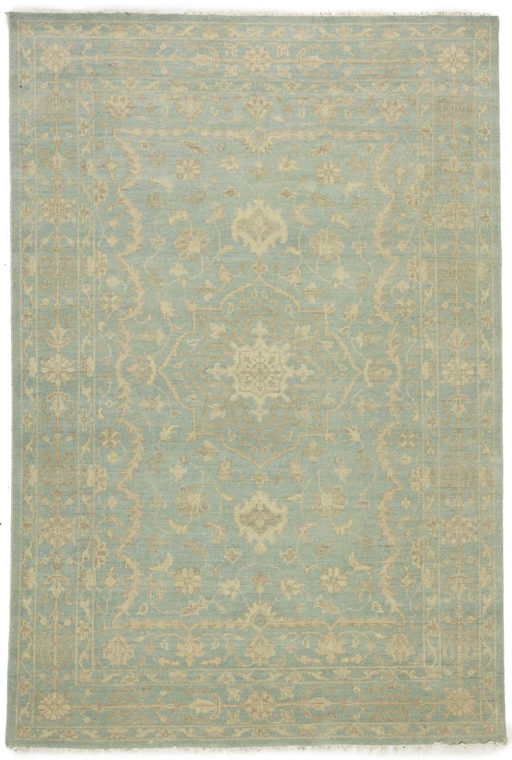Muted Aqua Blue Floral Hand-Knotted 6x9 ft Rug for Entryway: Muted Aqua Blue Floral Hand-Knotted 6x9 ft Rug for Entryway Enhance your home decor with this stunning Muted Aqua Blue Floral Oriental Rug. Measuring 6'0" x 8'11", this hand-knotted carpet features a 
