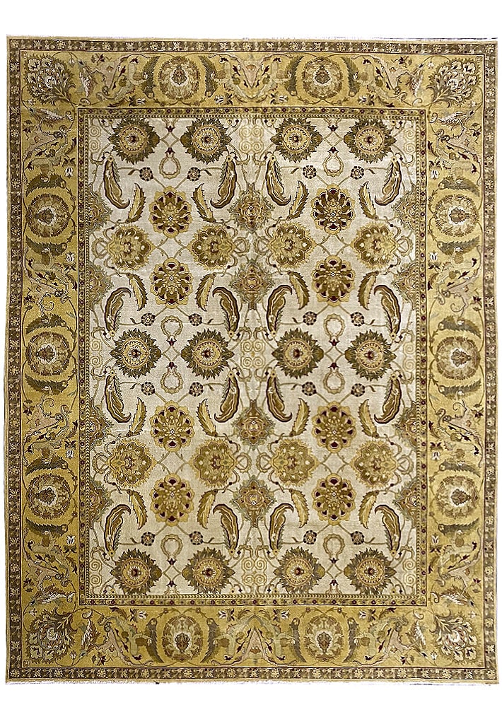 12 x 15 Handwoven Wool Agra Rug in Gold Yellow: 12 x 15 Handwoven Wool Agra Rug in Gold Yellow Free continental US Shipping Transform your living space with the exquisite 12' x 15' Fine Quality Wool Agra Rug in a stunning gold-yellow hue. This hand