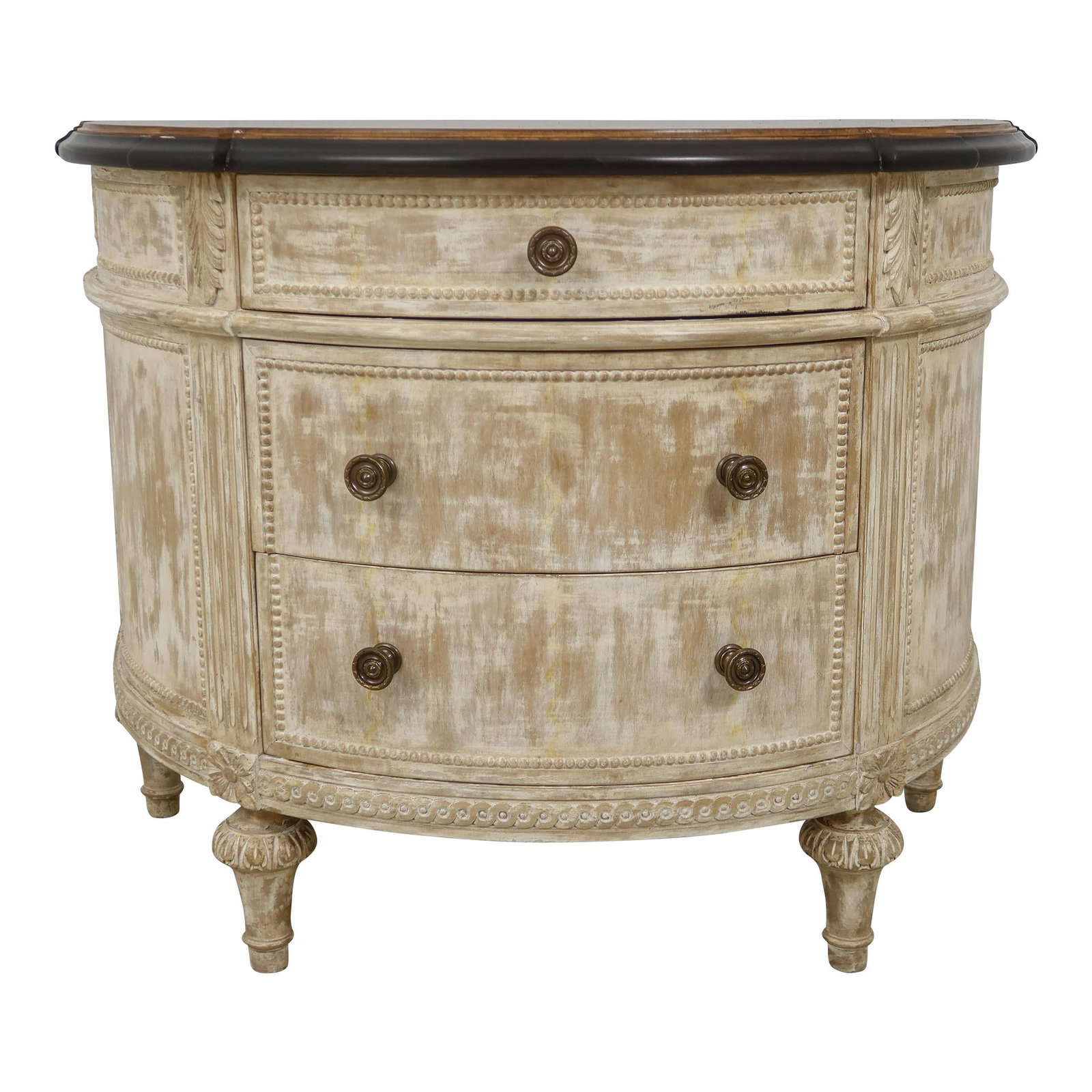 Elegant Italian Demilune 3 Drawer Nightstand with Antique White Finish: Elegant Italian Demilune 3 Drawer Nightstand with Antique White Finish This exquisite Italian-style commode nightstand features a unique demilune shape and is adorned with a beautifully distressed 'an