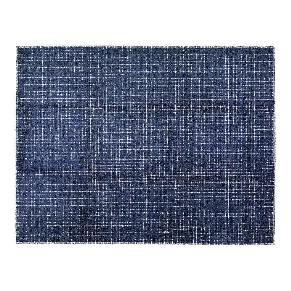 Hand-Knotted Wool Area Rug in Modern Moroccan Blue 9'3 x 12'1: Hand-Knotted Wool Area Rug in Modern Moroccan Blue 9'3 x 12'1 This hand-knotted wool rug combines traditional craftsmanship with a modern design, offering a durable and richly textured foundation for 