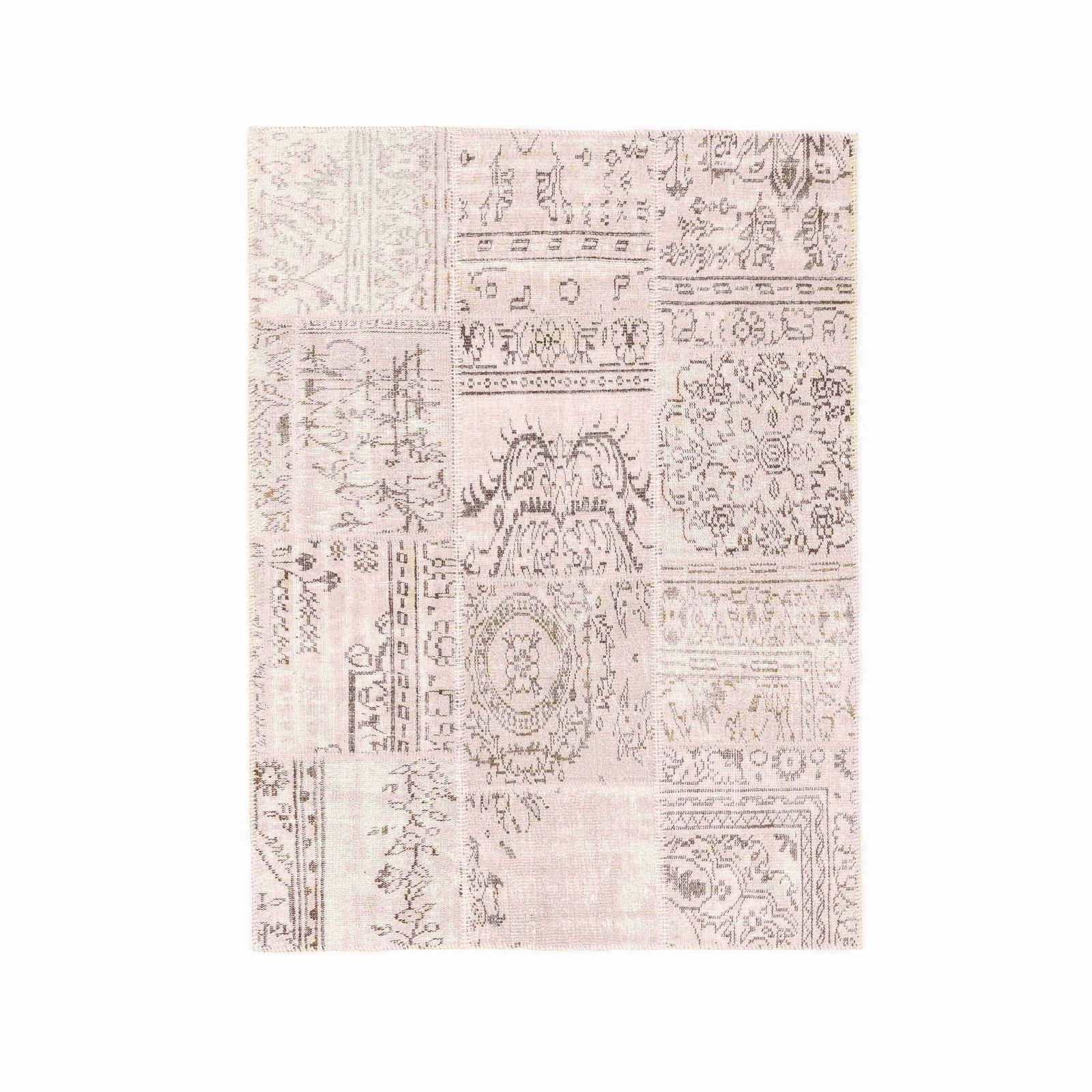 Handmade Patchwork Wool Carpet 57.1 x 76.8 Inches: Handmade Patchwork Wool Carpet 57.1 x 76.8 Inches Experience the unique charm of this Authentic Handmade Patchwork Wool Carpet, crafted with care using traditional techniques. This stunning piece show