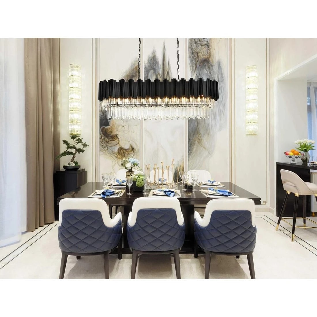 Willow 12-Light Black Crystal Hanging Chandelier 47 Inch: Willow 12-Light Black Crystal Hanging Chandelier 47 Inch This modern crystal chandelier is designed for formal dining rooms, kitchen islands, or other indoor spaces. Featuring a black frame with clear