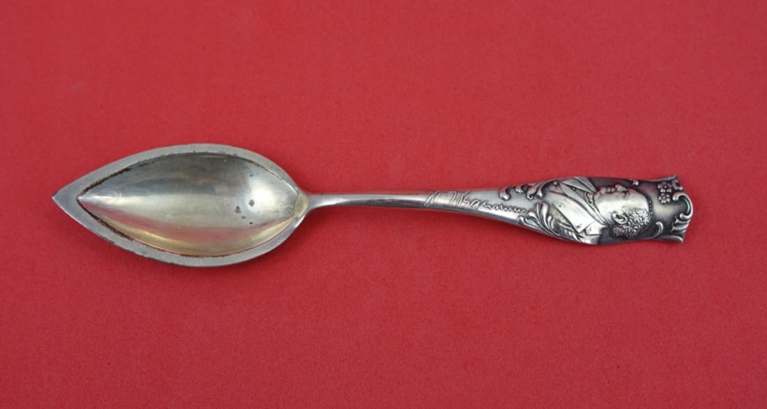 Sterling Silver Souvenir Spoon by Shiebler with Man in Suit 5.25 Inch: Sterling Silver Souvenir Spoon by Shiebler with Man in Suit 5.25 Inch This sterling silver souvenir spoon by Shiebler features a detailed design with a man in a suit. The pattern is unknown and the pi