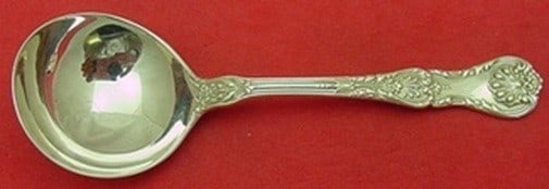 Bouillon Soup Spoon in King George Pattern Sterling Silver by Gorham 4 7/8 Inch: Bouillon Soup Spoon in King George Pattern Sterling Silver by Gorham 4 7/8 Inch This is a Gorham King George pattern sterling silver bouillon soup spoon. Measuring 4 7/8 inches in length, this antique