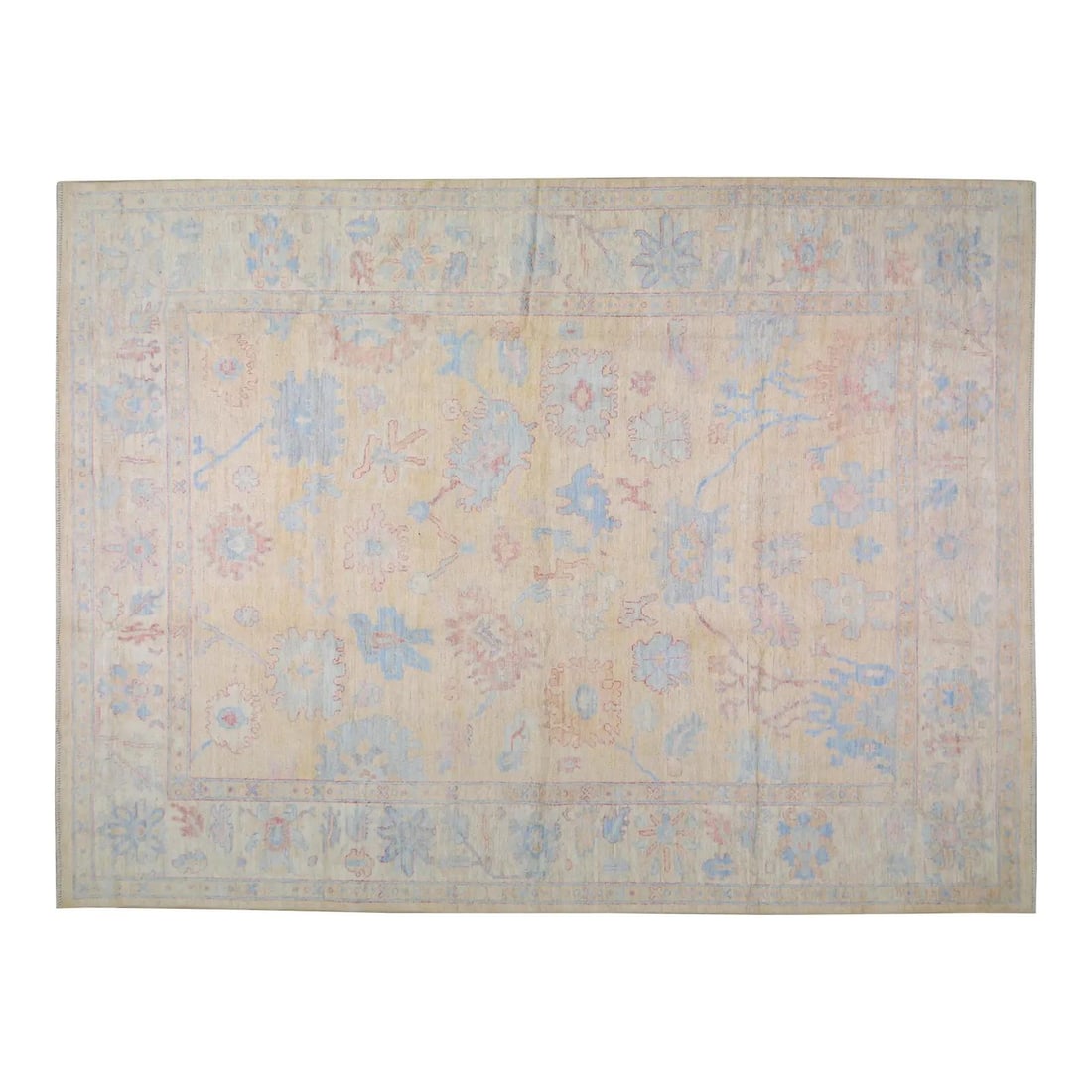 Hand Knotted Wool Oushak Rug Floral Pattern 10'5" x 14': Hand Knotted Wool Oushak Rug Floral Pattern 10'5" x 14' This Oushak rug features a hand-knotted wool construction with a fine weave and a classic floral design. The rug is presented in a tan color and