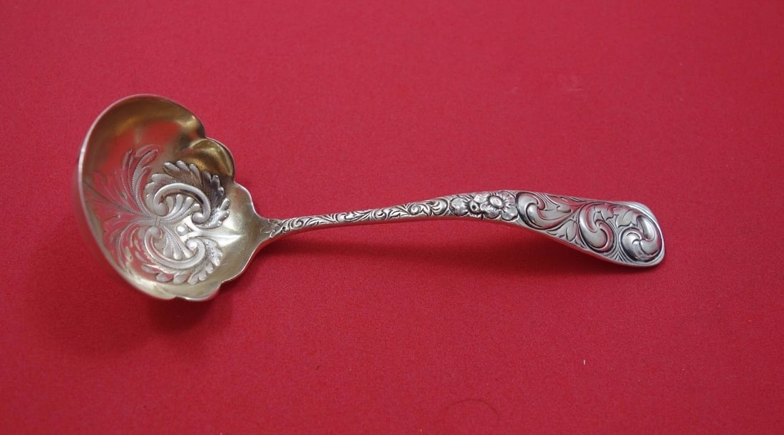 Durgin Scroll Sterling Silver Sauce Ladle Gold Washed Fancy Bowl 5 1/2: Durgin Scroll Sterling Silver Sauce Ladle Gold Washed Fancy Bowl 5 1/2 A Durgin Scroll sterling silver sauce ladle with a gold-washed fancy bowl. It is not monogrammed and is described as being in exc