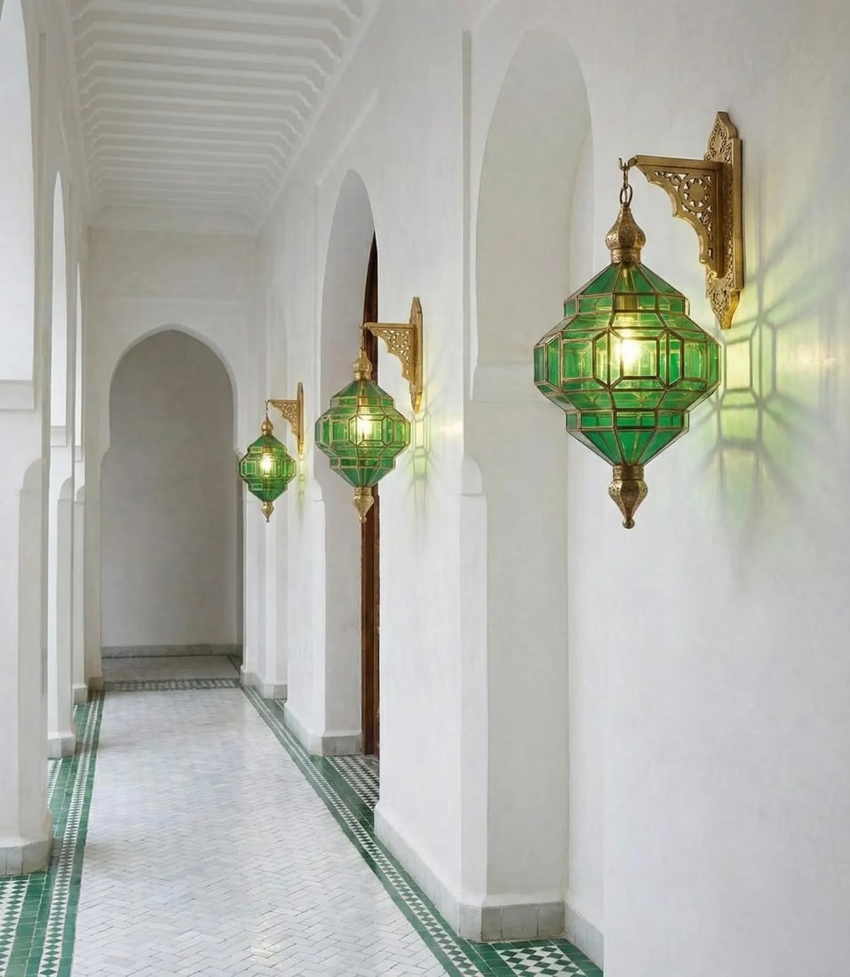 Moroccan Brass Lantern with Green Glass Pendant Wall Light (1 of 12)