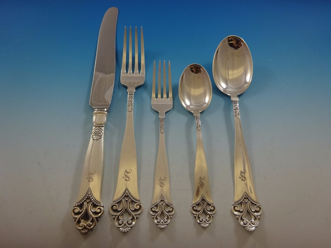 69 Piece Lillemor 830S Silver Marthinsen Flatware Set S Monogram: 69 Piece Lillemor 830S Silver Marthinsen Flatware Set S Monogram This is a 69-piece Lillemor pattern flatware set by Marthinsen, crafted from 830S silver in Norway. The set includes dinner size knives