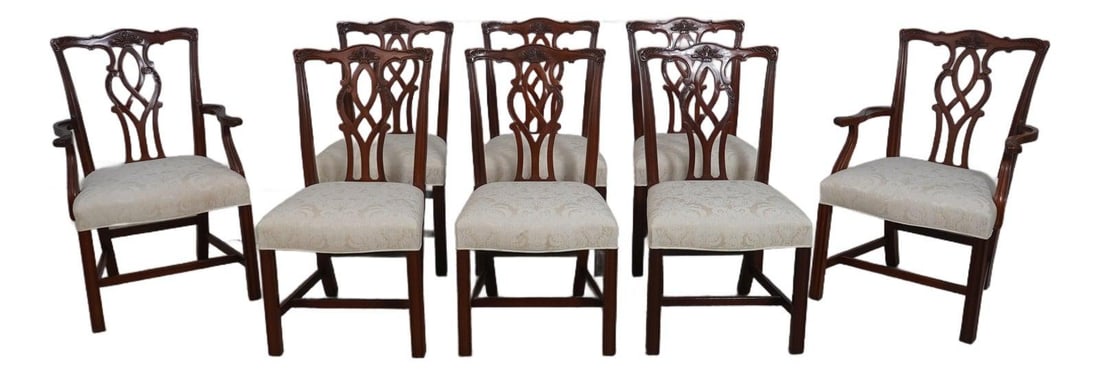 Set of 8 Kindel Mahogany Chippendale Dining Chairs National Trust Collection: Set of 8 Kindel Mahogany Chippendale Dining Chairs National Trust Collection This exquisite set of 8 upholstered dining chairs showcases the elegance of Chippendale design, crafted from high-quality m