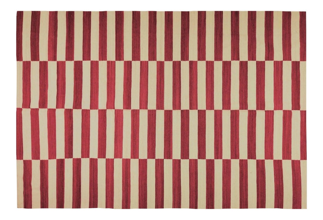 Afghan Wool Kilim Rug With Geometric Motif 6'9" x 9'10": Afghan Wool Kilim Rug With Geometric Motif 6'9" x 9'10" This vintage Afghan kilim is hand woven from organic wool and features a modern geometric pattern in natural colors. The rug displays a rich red