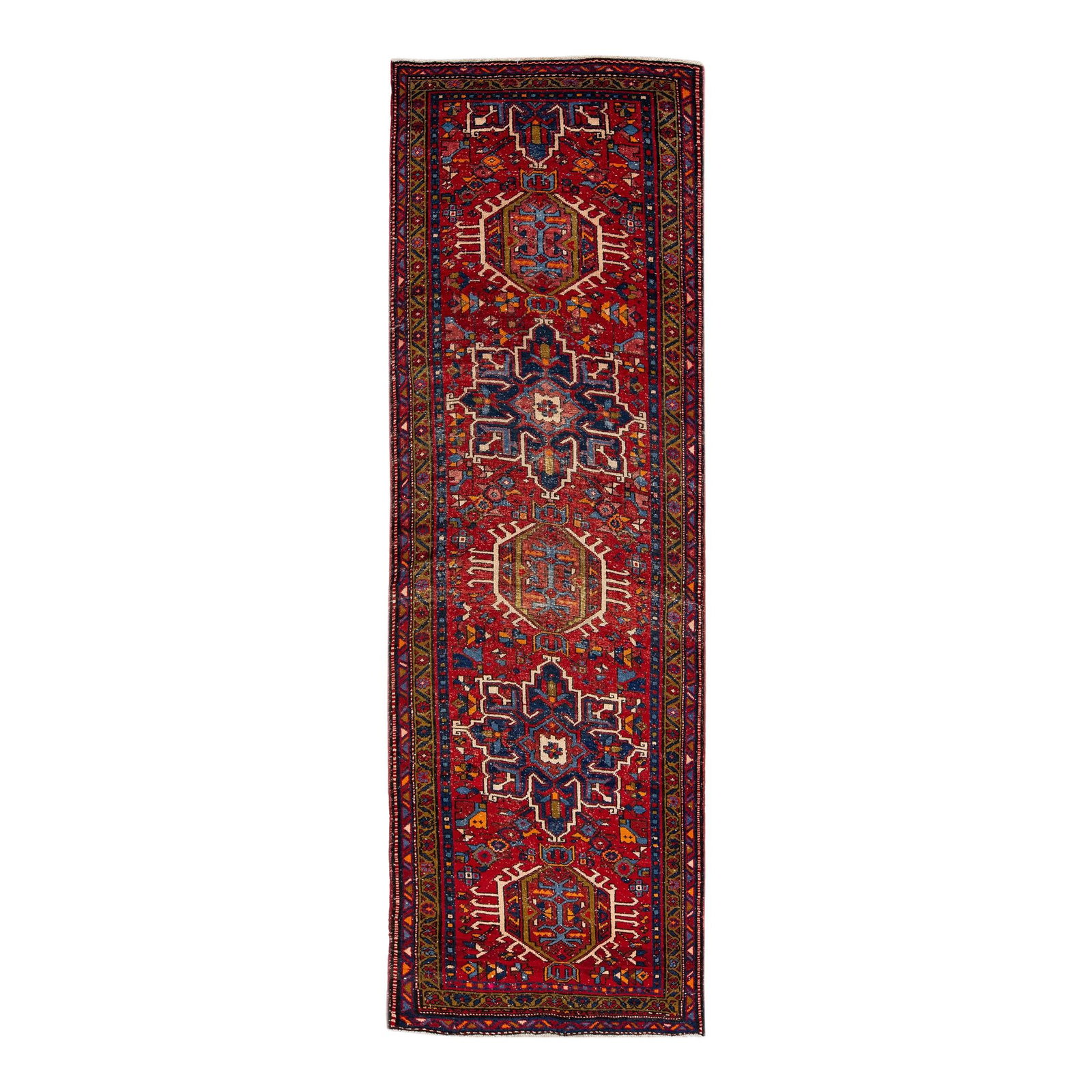 Vintage Persian Heriz Red Medallion Wool Runner 3'4 x 11: Vintage Persian Heriz Red Medallion Wool Runner 3'4 x 11 This exquisite vintage Persian Heriz runner showcases a stunning hand-knotted wool construction with a vibrant red field. It features a distinc