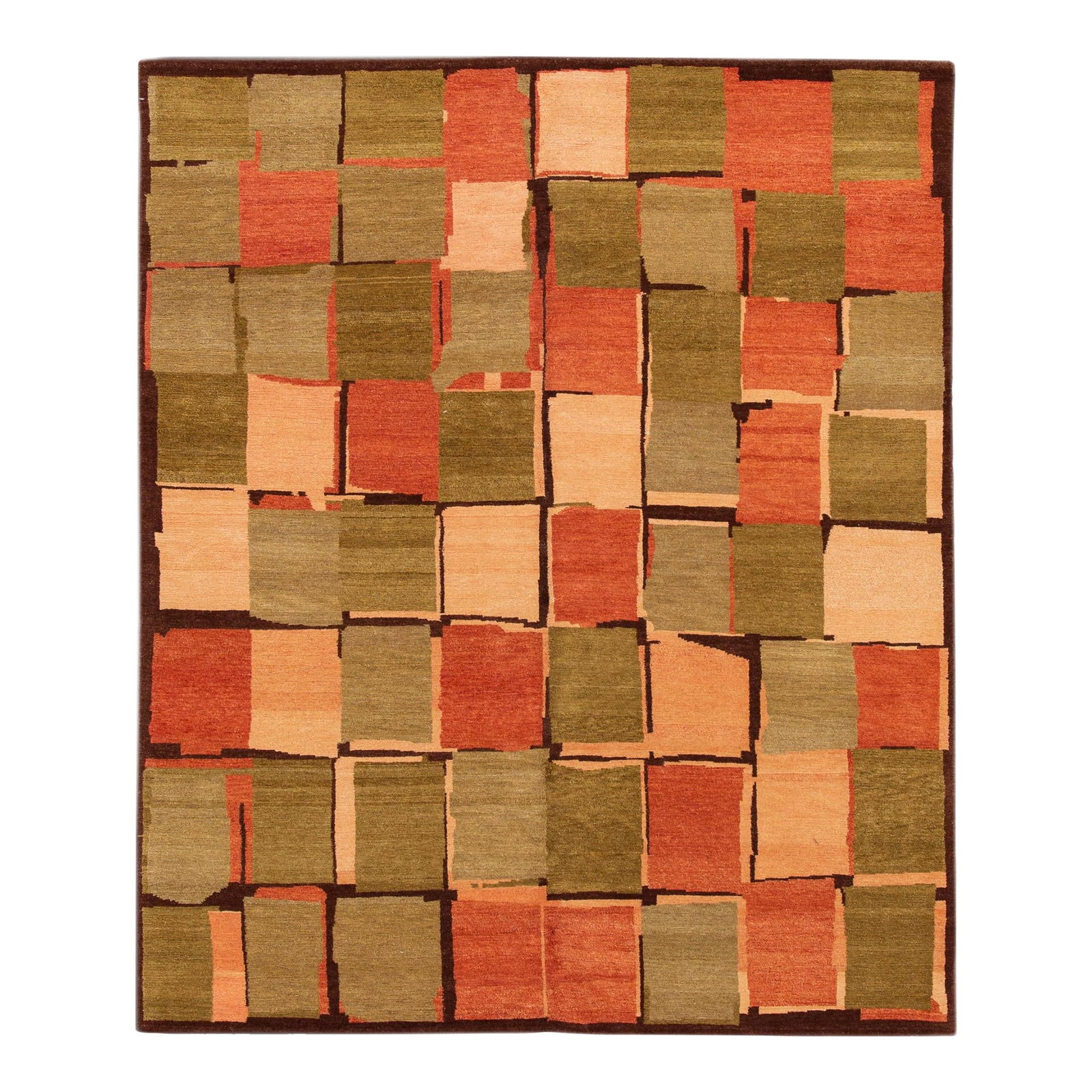 Modern Tibetan Wool Silk Rug Geometric Design Green Orange 5'9 x 6'11: Modern Tibetan Wool Silk Rug Geometric Design Green Orange 5'9 x 6'11 Discover the elegance of this modern Tibetan rug, hand-crafted from a luxurious blend of wool and silk. Its vibrant green and oran