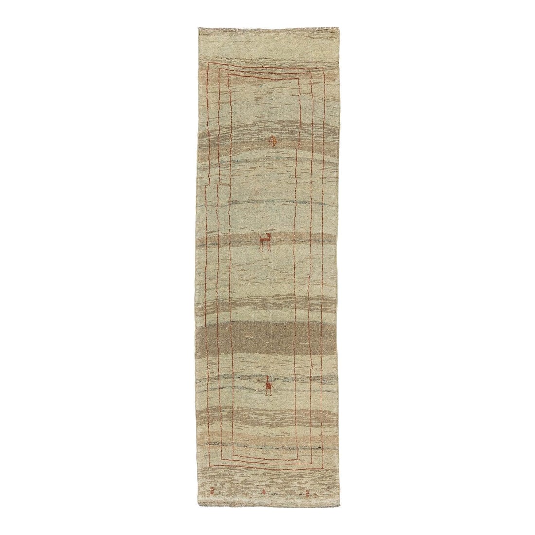 Hand Knotted Gabbeh Wool Runner Beige Rust Tribal Motif 2'8 x 9'11: Hand Knotted Gabbeh Wool Runner Beige Rust Tribal Motif 2'8 x 9'11 This hand-knotted Modern Gabbeh runner is crafted from 100% premium hand-spun wool. It features a serene beige field with subtle colo