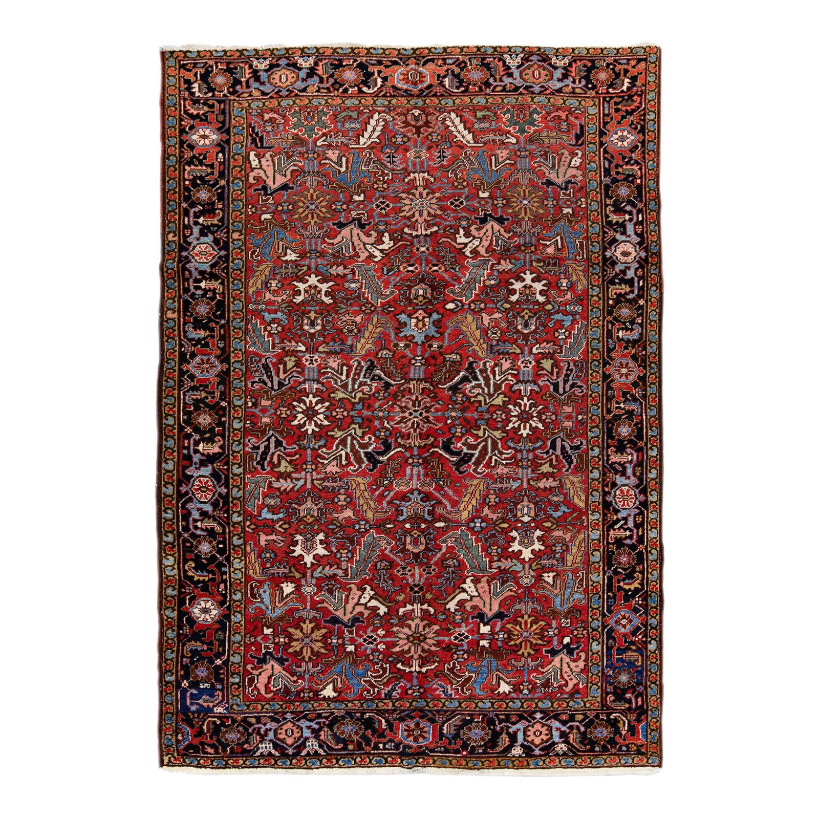 Antique Heriz Hand-Knotted Red Wool Rug 6'6 x 9'5: Antique Heriz Hand-Knotted Red Wool Rug 6'6 x 9'5 Discover the elegance of this antique Heriz Serapi hand-knotted wool rug, featuring a vibrant red field adorned with a stunning all-over floral design