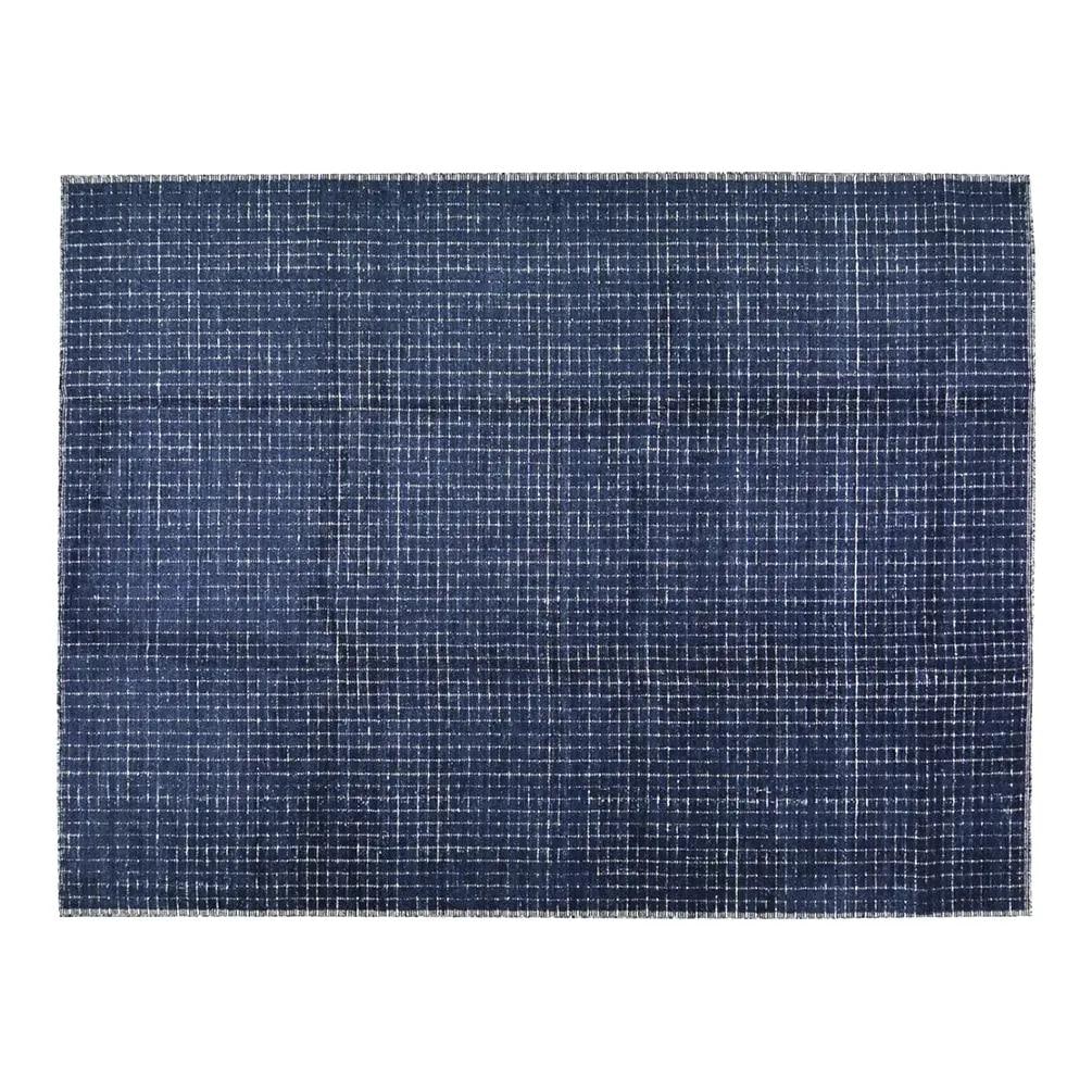 Hand Knotted Wool Moroccan Style Rug in Blue 10'2 x 14'2: Hand Knotted Wool Moroccan Style Rug in Blue 10'2 x 14'2 This hand-knotted wool rug showcases traditional Moroccan craftsmanship with a modern design aesthetic. Crafted with care, it features a rich t